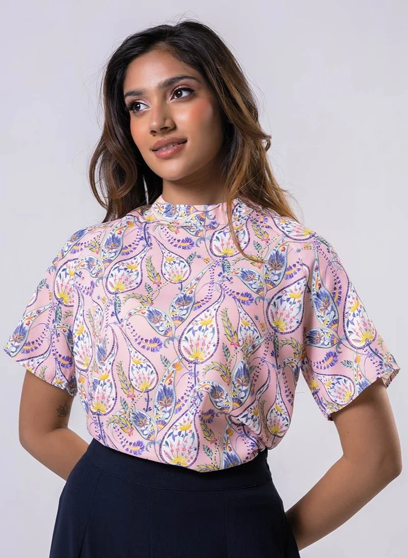 Zigzag Raglan Sleeve Printed Pink Top